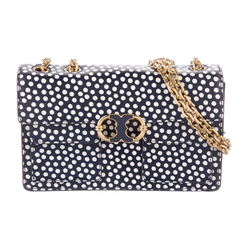Tory Burch Gemini Link Polka Dot Printed Chain Shoulder Bag, Navy and White - Picture 3 of 14